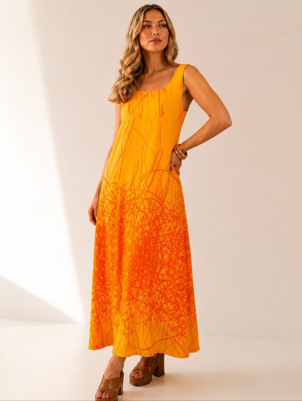 Peter Naumann Vintage 70s Linen Cotton Orange Abstract Maxi Dress Mod Hostess S
